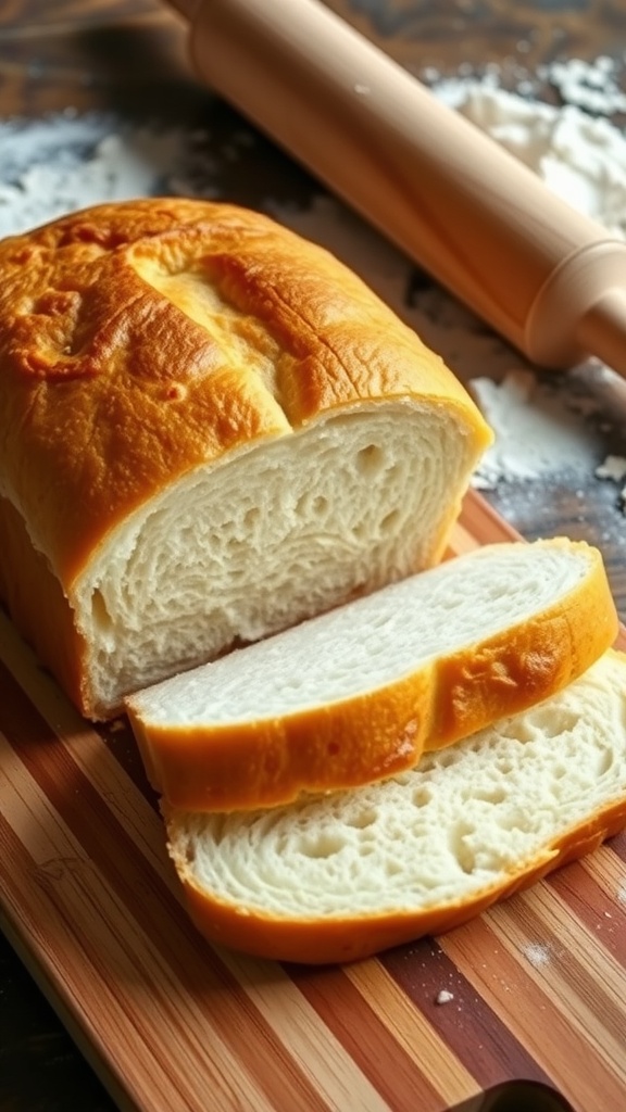 Freshly baked sandwich bread sliced on a cutting board in a rustic kitchen.